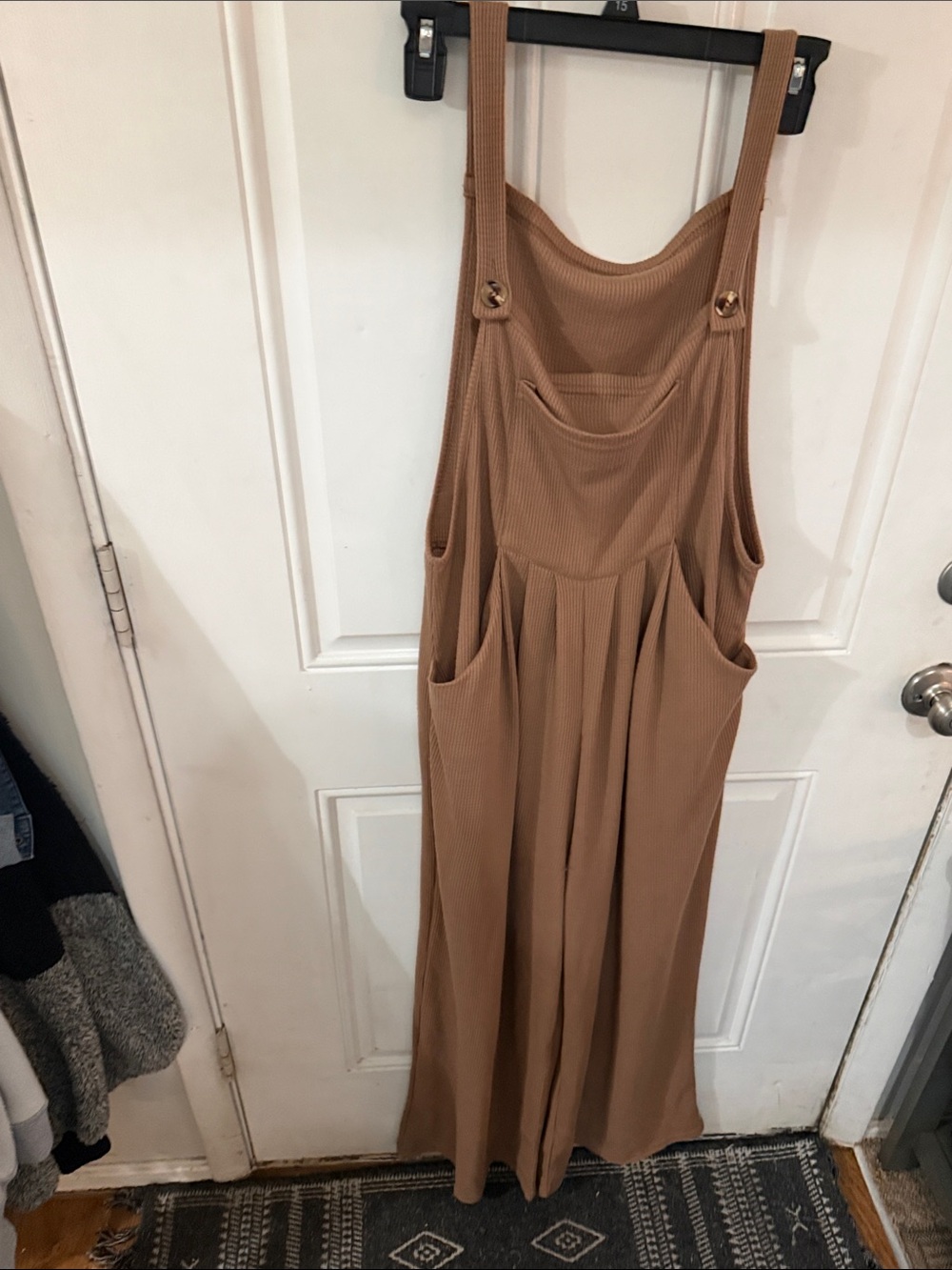 SHEIN Tan Ribbed Wide-Leg Jumpsuit Overalls